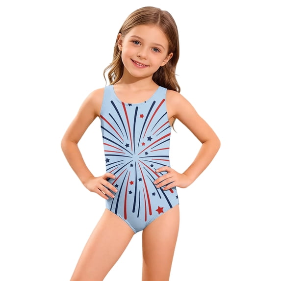 Girls One Piece Swimsuit with UPF 50+, Sizes 4-18 & Plus,Patriotic Printed Swimwear