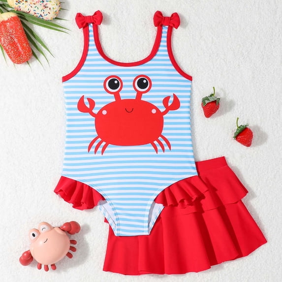 Girls One Piece Swimsuits Cute Little Crab Tankini One-Piece Swimsuit with Skirt Swimsuit for Girls Red 12-18 Months