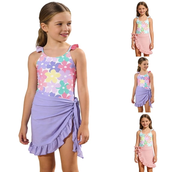 Girls One Piece Swimsuits Cute Ruffle Trim Tankini One-Piece Sun Swimsuit Kids with Cover Up Girls Bathing Suit Pink 9-10 Years