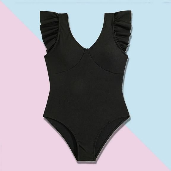 Girls One Piece Swimsuits Kid Girls Swimsuits Fashion Ruffle Black Cute Swimwear Bathing Suits 6-7 Years