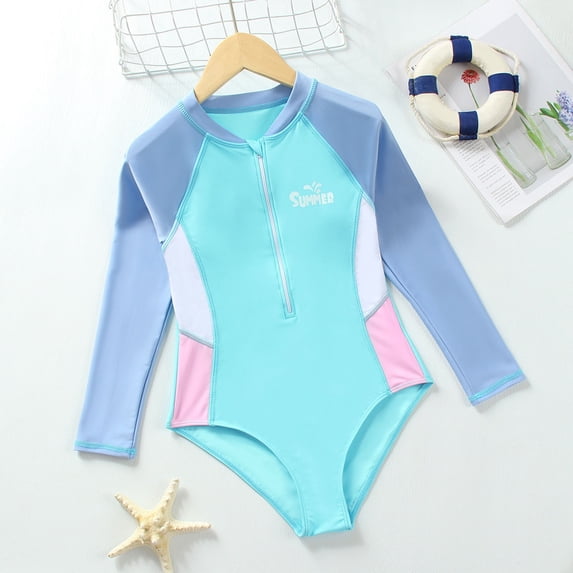 Girls One Piece Swimsuits New Long Sleeve Color Block One-Piece for Big Kids Professional Training Swimwear Chlorine Resistant Size 9-10Y