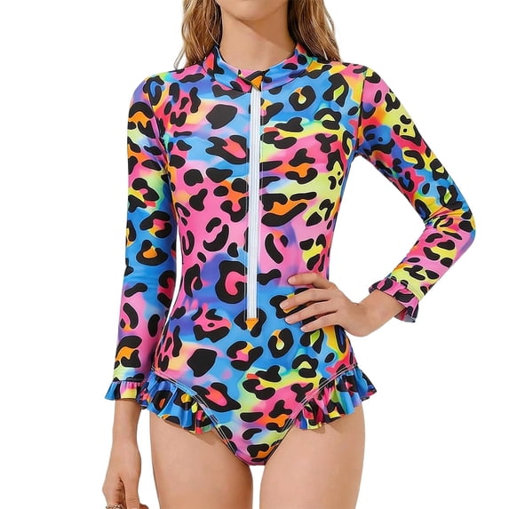 Girls One Piece Swimsuits Rash Guard Long Sleeve Bathing Suits Swimwear with Zipper and Ruffle Hem Swimwear