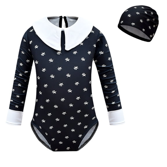 Girls One-Piece Swimsuits Wednesday Costume Long Sleeve Bathing Suit 4-10 Years