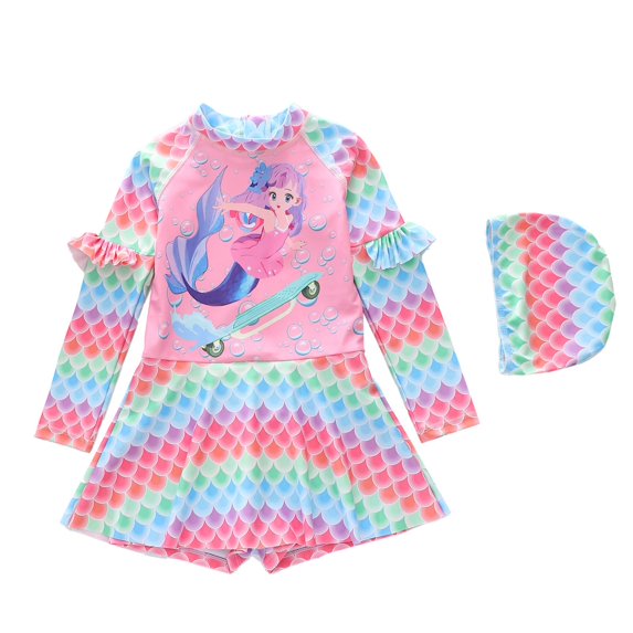 Girls One Piece Swimsuits with Hood Rash Guard Cute Printed Long Sleeve Ruffle Bathing Suits Sun Proction Breathable Tankini Sets