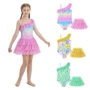 Ardorlove Girls Swimsuits One Piece with Mesh Skirt Age 5-12Y Swimsuit Teen Girls Bathing Suit Quick Dry One Shoulder Ruffle Swimwear