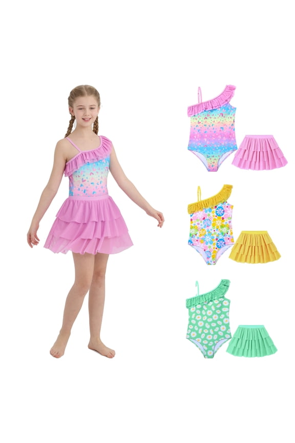 Girls Swimsuits One Piece with Mesh Skirt (Age 5-12Y) Swimsuit Teen Girls Bathing Suit Quick Dry One Shoulder Ruffle Swimwear