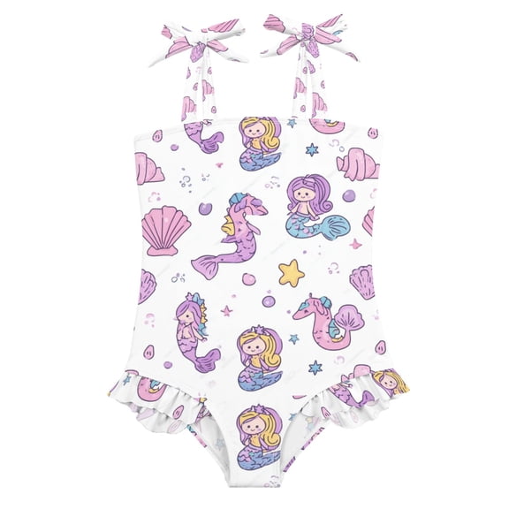 Girls' One-Piece Swimwear Bowknot Strap Swimsuit,Mermaids Seahorses Printed Teen Swimwear for Resort Beach Water Park 18M