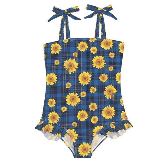Girls' One-Piece Swimwear Bowknot Strap Swimsuit, Yellow Sunflowers Printed Teen Swimwear for Resort Beach Water Park 18M