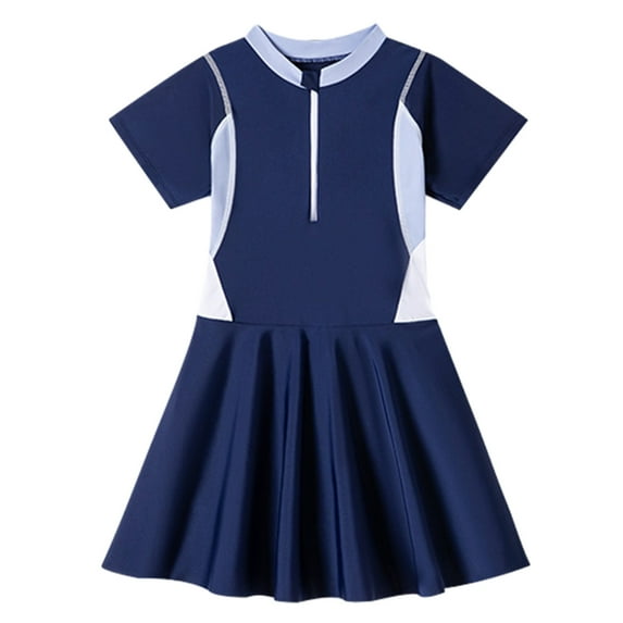 Girls One Piece Swimwear Clearance Shorts Sleeve Fashion Patchwork Training Bathing Suit With Ruffle Skirt Half Zipper Quick Dry Kids Swimsuits