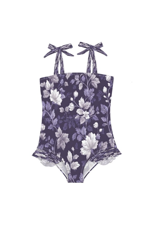 Girls' One-Piece Swimwear Girls' Bow Tie Strap One-Piece Swimming Suit with High Elasticity and Quick-Drying Ruffled Edges for Babies Colorful Vector Floral Art 18 Months