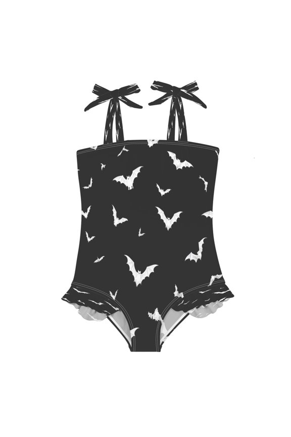 Girls' One-Piece Swimwear Girls' Bow Tie Strap One-Piece Swimming Suit with High Elasticity and Quick-Drying Ruffled Edges for Babies Moonlight Bat Background 6 Years