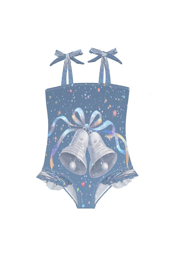 Girls' One-Piece Swimwear Girls' Bow Tie Strap One-Piece Swimming Suit with High Elasticity and Quick-Drying Ruffled Edges for Babies Silver Bell 6 Years