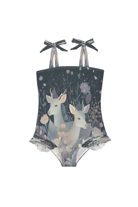 Girls' One-Piece Swimwear Girls' Bow Tie Strap One-Piece Swimming Suit with High Elasticity and Quick-Drying Ruffled Edges for Babies Silver Deer Among Flowers 6 Years