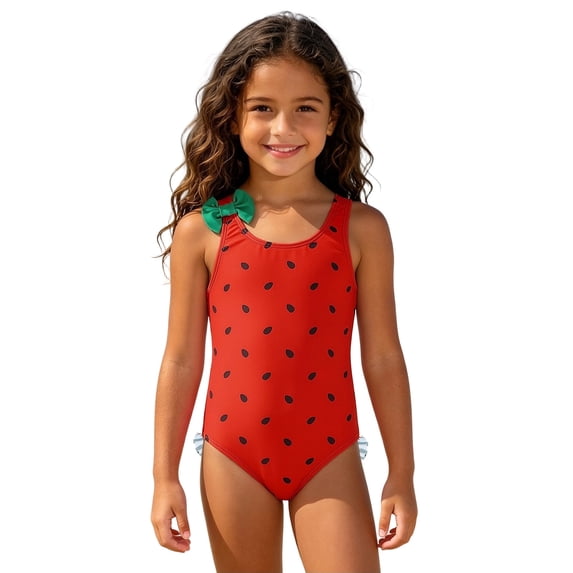 Girls One Piece Watermelon Print Swimsuit with Cute Bow Ruffle , Adorable Bathing Suit, Kids Summer Swimwear for Beach Pool Wear(Red,5-6 Years)