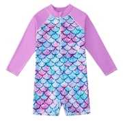 Girls One-Piece Zip Swimsuit Mermaid Sun Protection Swimwear Long Sleeve Bathing Suits