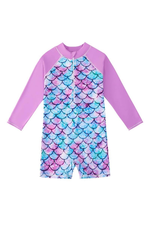 Girls One-Piece Zip Swimsuit Mermaid Sun Protection Swimwear Long Sleeve Bathing Suits