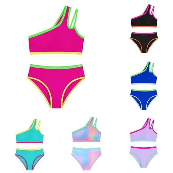 Girls One Shoulder Bikini Set, Two Piece Swimsuit with Removable Chest Pads for Beach, Pool and Summer Vacation