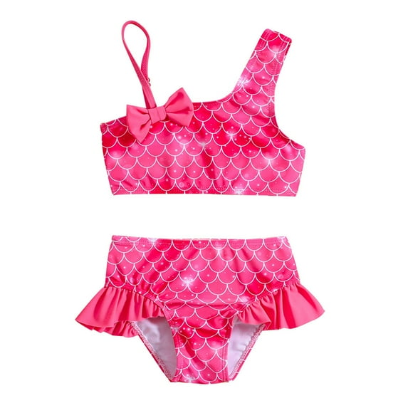 Girls One Shoulder Halter Bow Dazzling Colorful Bikini Beach Swimwear Set Bathing Suits