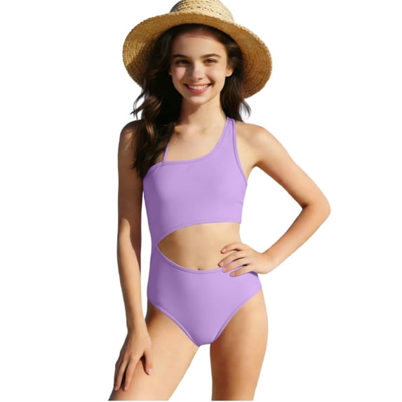 Girls One Shoulder One Piece Swimsuit, Side Cutout Bathing Suit, Solid Color Summer Beach Swimwear for Big Girls 6-15 Years