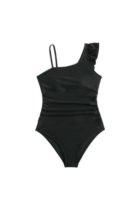 Girls One Shoulder One Piece Swimsuits Tummy Control Solid Black Bathing Suits Ruffled Modest Swimwear for Size 12-16 Years