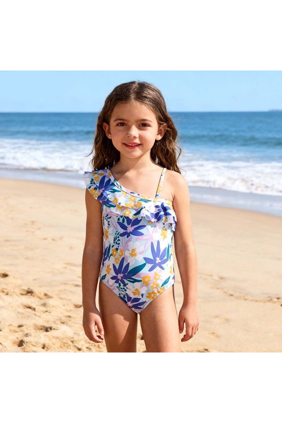Girls One Shoulder Ruffle Floral One Piece Swimsuit Purple Adjustable Straps Quick Dry Kids Bathing Suit Sizes 2T-8,Size 2 T