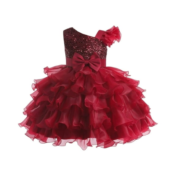 Girls One Shoulder Ruffled Tulle Dress with Bow and Sequin Bodice for Birthday Party Wedding Performance
