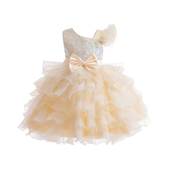Girls One Shoulder Ruffled Tulle Dress with Bow and Sequin Bodice for Birthday Party Wedding Performance