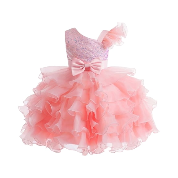 Girls One Shoulder Ruffled Tulle Dress with Bow and Sequin Bodice for Birthday Party Wedding Performance
