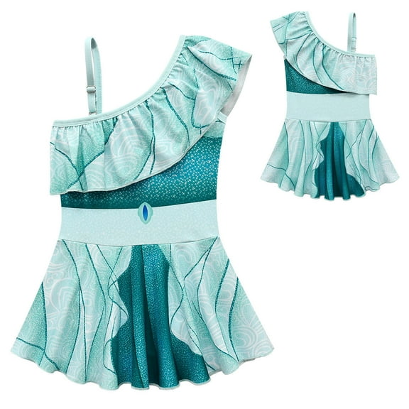 Girls One Shoulder Swimsuit Kids Cartoon One Piece Bikini Bathing Suit Skirt