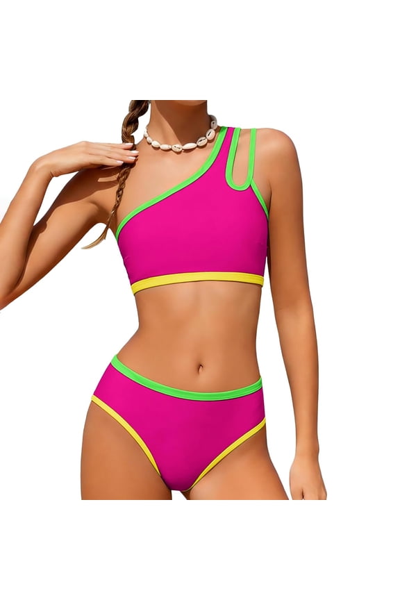 Girls One Shoulder Two Piece Swimsuit – Color Block Bikini with Chest Padding & Cutout Back, Youth Swimwear for Ages 7-16 Years(Hot Pink,8Y)