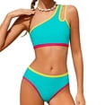 thumbnail image 1 of Girls One Shoulder Two Piece Swimsuit – Color Block Bikini with Chest Padding & Cutout Back, Youth Swimwear for Ages 7-16 Years(Mint Green,10Y), 1 of 6