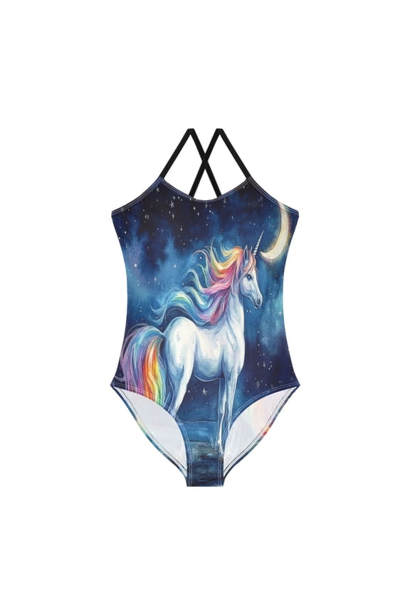 Girls' One-piece Swimsuit Cross Back Bathing Suit Beach Surfing Sizes 3T-10T Beautiful Watercolor Unicorn
