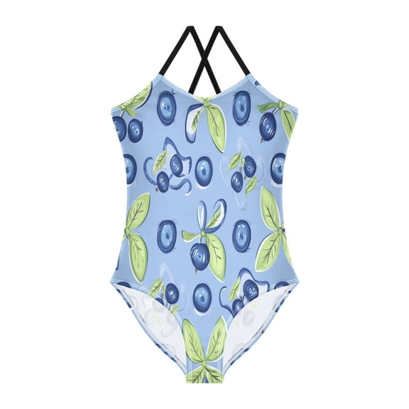 Girls' One-piece Swimsuit Cross Back Bathing Suit Beach Surfing Sizes 3T-10T Blueberry and Ribbon