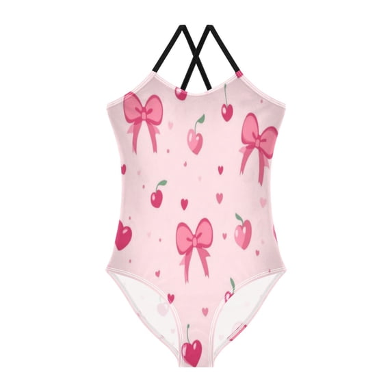 Girls' One-piece Swimsuit Cross Back Bathing Suit Beach Surfing Sizes 3T-10T Bows and Hearts Pattern