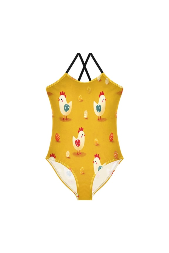 Girls' One-piece Swimsuit Cross Back Bathing Suit Beach Surfing Sizes 3T-10T Cartoon Chickens Pattern
