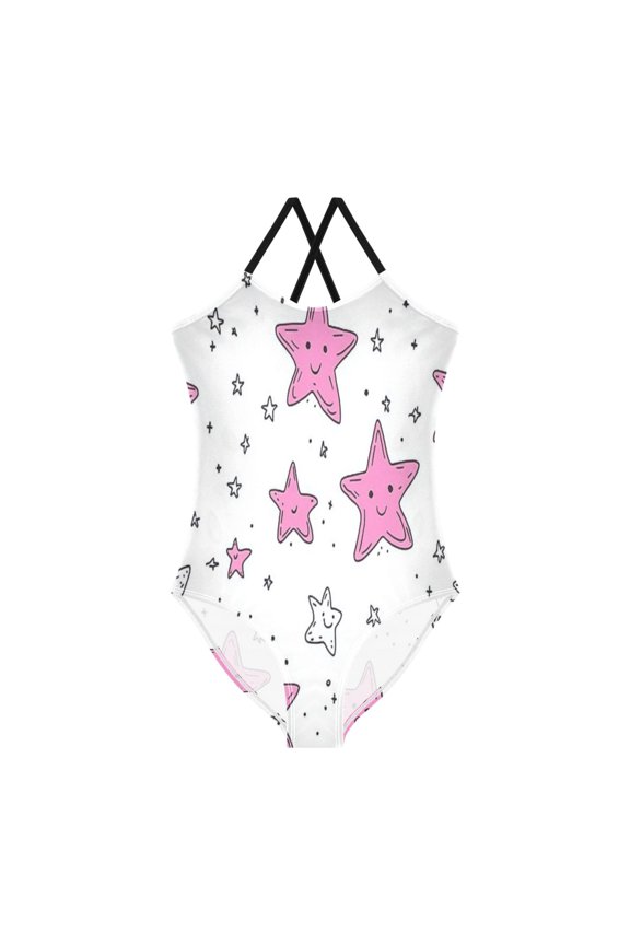 Girls' One-piece Swimsuit Cross Back Bathing Suit Beach Surfing Sizes 3T-10T Cartoon Five-pointed Star