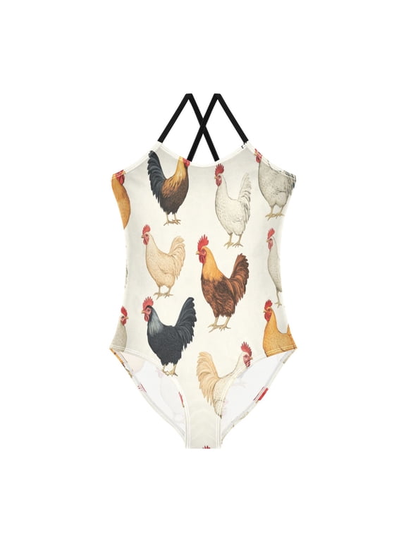 Girls' One-piece Swimsuit Cross Back Bathing Suit Beach Surfing Sizes 3T-10T Chickens Pattern