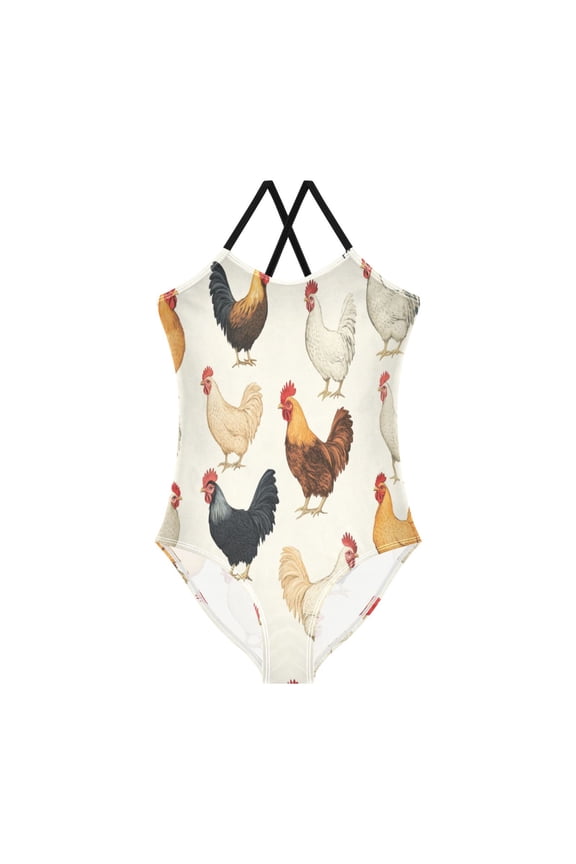 Girls' One-piece Swimsuit Cross Back Bathing Suit Beach Surfing Sizes 3T-10T Chickens Pattern