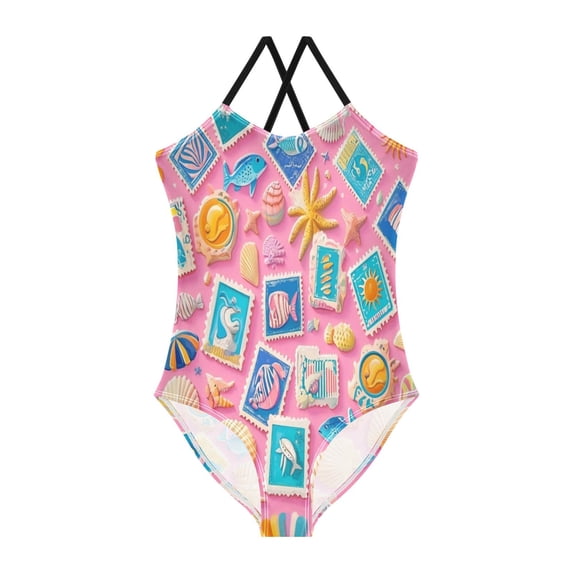 Girls' One-piece Swimsuit Cross Back Bathing Suit Beach Surfing Sizes 3T-10T Colorful Marine Life
