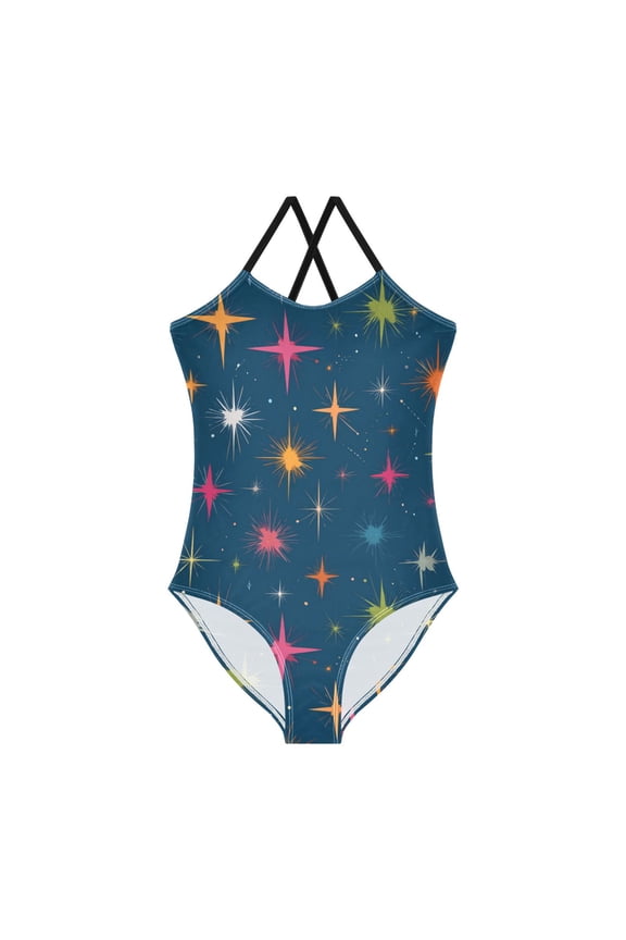 Girls' One-piece Swimsuit Cross Back Bathing Suit Beach Surfing Sizes 3T-10T Colorful Stars Pattern