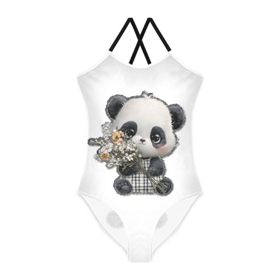 Girls' One-piece Swimsuit Cross Back Bathing Suit Beach Surfing Sizes 3T-10T Cute Big-eyed Panda