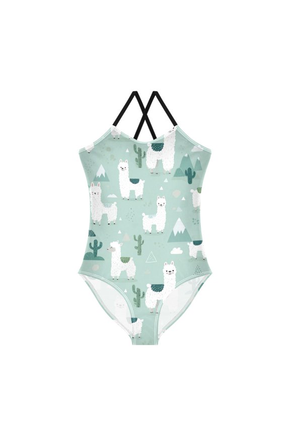Girls' One-piece Swimsuit Cross Back Bathing Suit Beach Surfing Sizes 3T-10T Cute Cartoon Llama Pattern