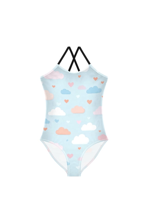 Girls' One-piece Swimsuit Cross Back Bathing Suit Beach Surfing Sizes 3T-10T Cute Clouds and Hearts Pattern