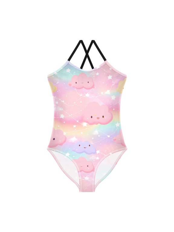Girls' One-piece Swimsuit Cross Back Bathing Suit Beach Surfing Sizes 3T-10T Cute Stars and Pink Clouds