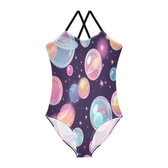 Girls' One-piece Swimsuit Cross Back Bathing Suit Beach Surfing Sizes 3T-10T Floating Bubbles Pattern