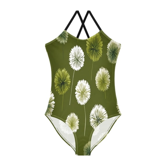 Girls' One-piece Swimsuit Cross Back Bathing Suit Beach Surfing Sizes 3T-10T Green Dandelions Pattern
