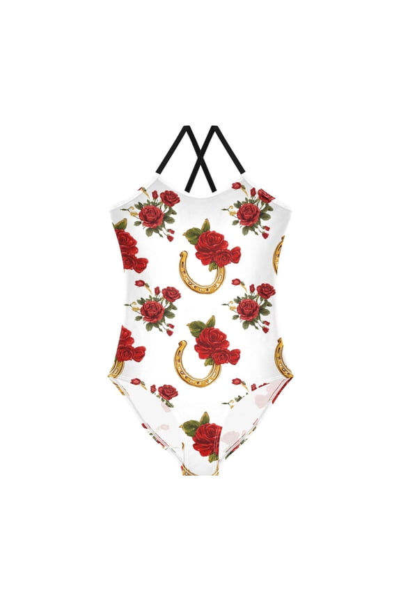 Girls' One-piece Swimsuit Cross Back Bathing Suit Beach Surfing Sizes 3T-10T Horseshoe Pattern with Red Roses