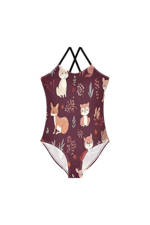 Girls' One-piece Swimsuit Cross Back Bathing Suit Beach Surfing Sizes 3T-10T Joyous Forest Animals