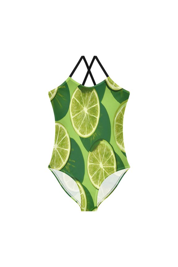 Girls' One-piece Swimsuit Cross Back Bathing Suit Beach Surfing Sizes 3T-10T Lime Slice Image