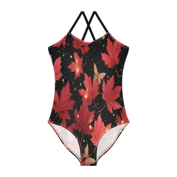 Girls' One-piece Swimsuit Cross Back Bathing Suit Beach Surfing Sizes 3T-10T Maple Leaves and Fireflies